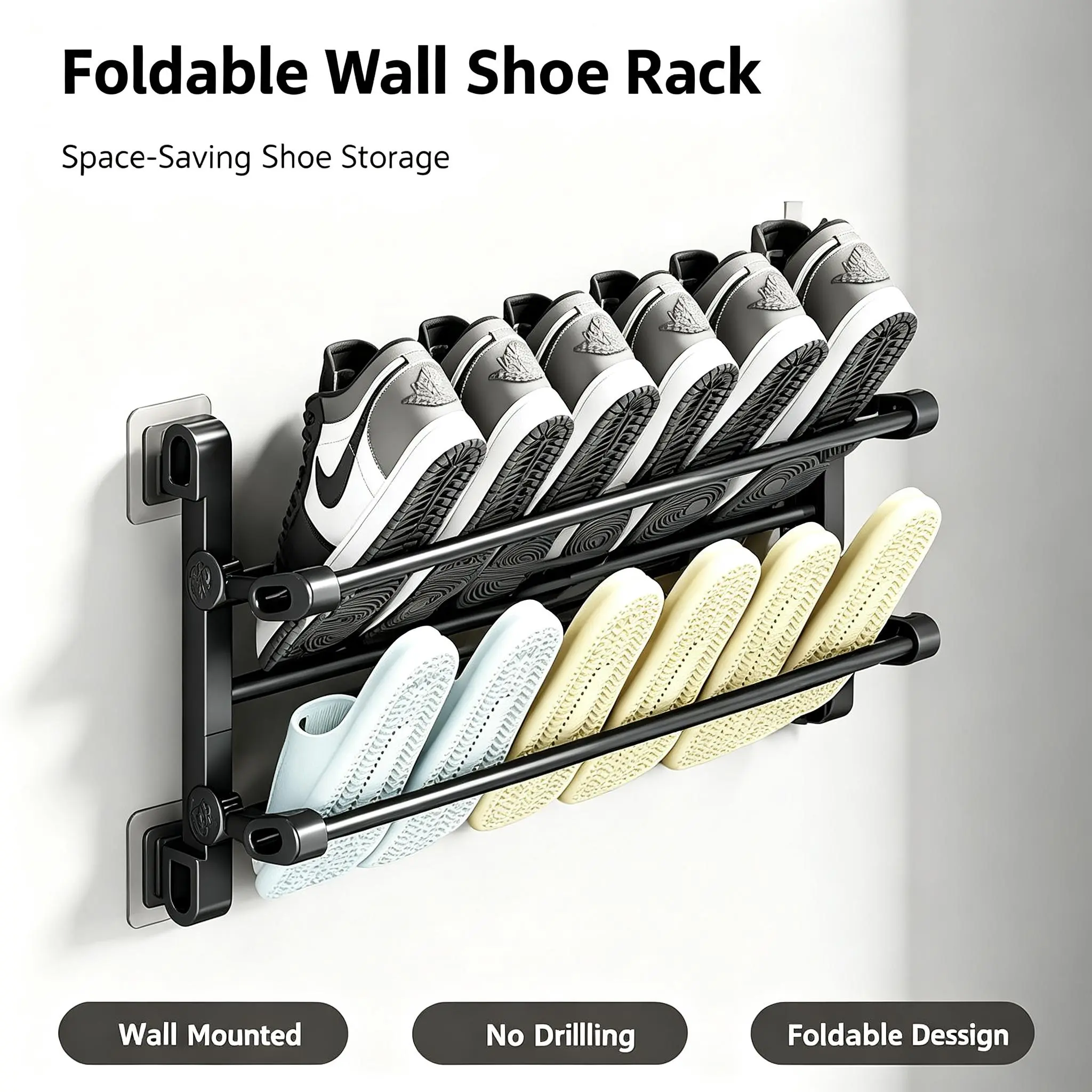 Foldable Wall-Mounted Shoe Rack, Space-Saving Plastic & Steel Hanging Slipper Holder, Compact Shoe Storage Organizer for Bathroom, Entryway, Closet, Bedroom, Door & RV