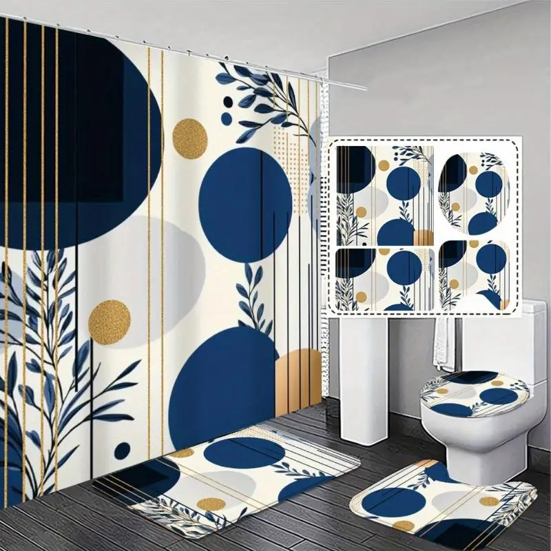 Bohemian Bathroom Set (1/4PCS) - Waterproof Polyester 2D Flat Shower Curtain with Hanging Adjustable Design, Matching Non-Slip Rugs & Toilet Lid Cover, Blue & Golden Modern Animals-Print Home Decoration Gift