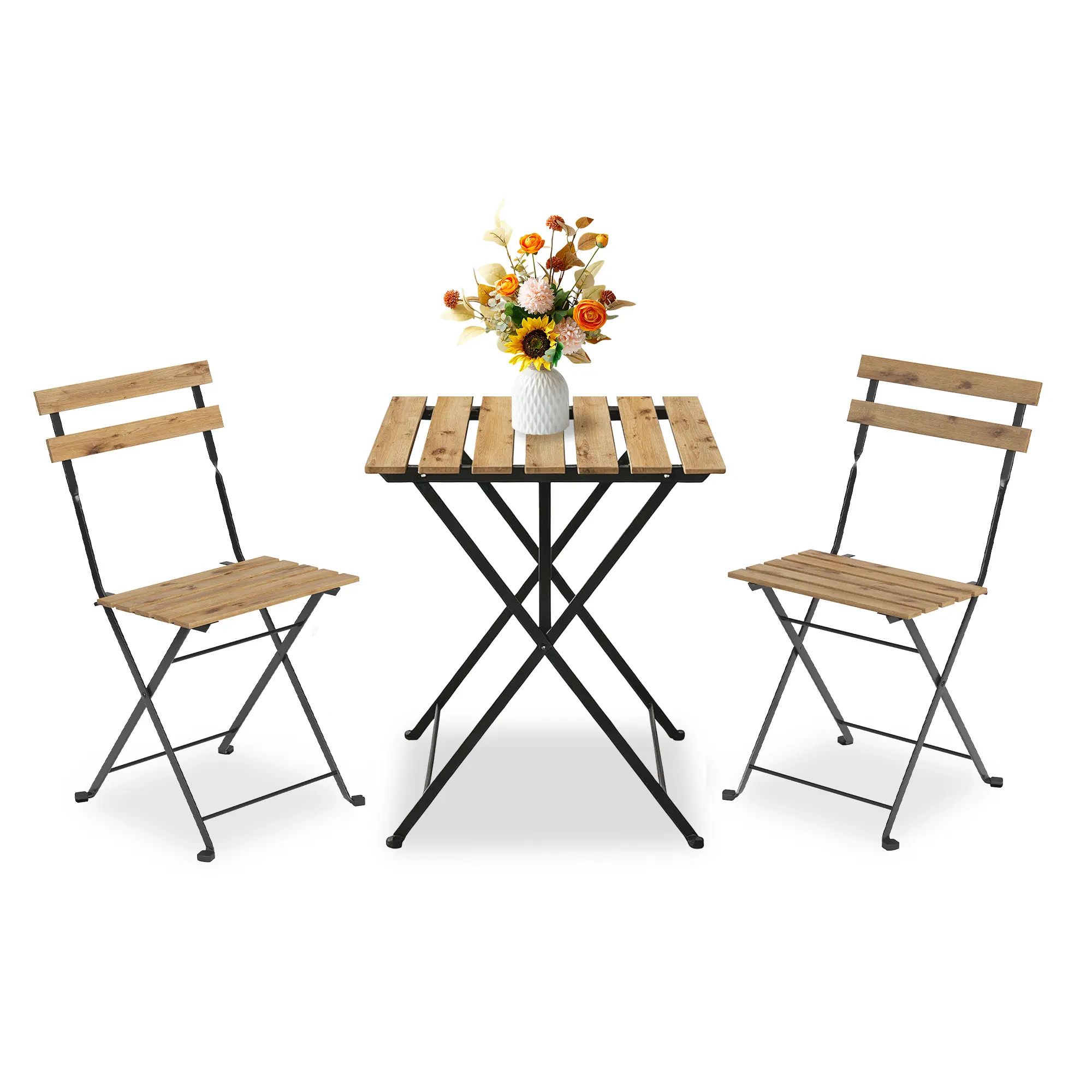 Space-Saving Folding Patio Bistro Set - 3-Piece Metal and Wood Table & Chairs - Weather-Resistant Sturdy Iron Frame - Modern Industrial Style for Balcony, Garden, Porch