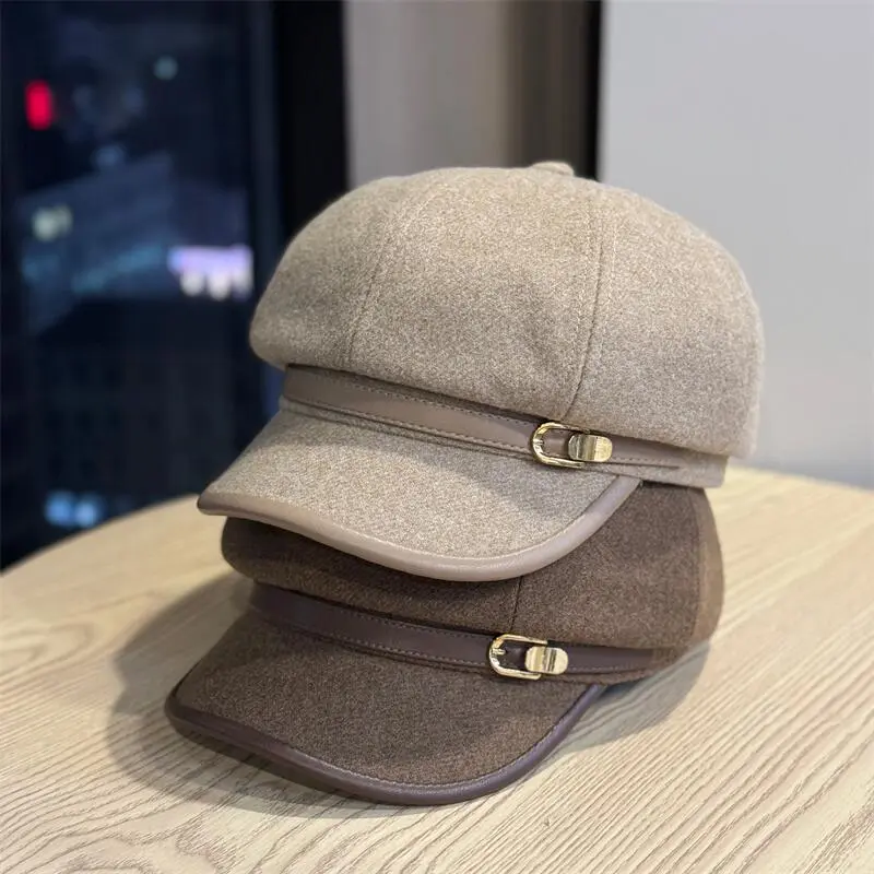 Elegant Wool Newsboy Cap for Women Retro Baker Boy Hat British Style Octagonal Cap Adjustable Vintage Beret Cabbie Hat Leather Buckle Strap Autumn Winter Aesthetic Headwear Travel Shopping Casual Bonnet Beige Brown