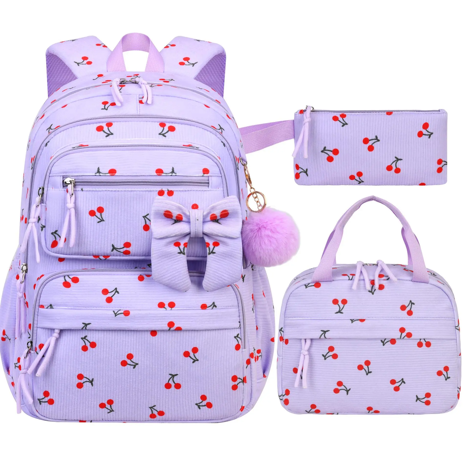 3Pcs Corduroy Cherry Print Backpack Set for Teen Girls Women, Light Purple Cute Bow & Fluffy Pom Pom Decor Large Capacity Lightweight School Backpack, Water Resistant Multi-Pocket Casual Daypack with Insulated Lunch Bag and Matching Pencil Pouch
