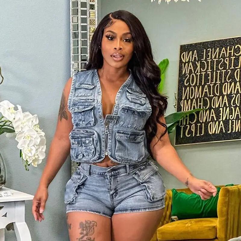 two-piece set woman Multi Pockets Denim Shorts Outfit Sexy Women Elegant Two Pieces Jeans Club Macthing Jacket+Shorts