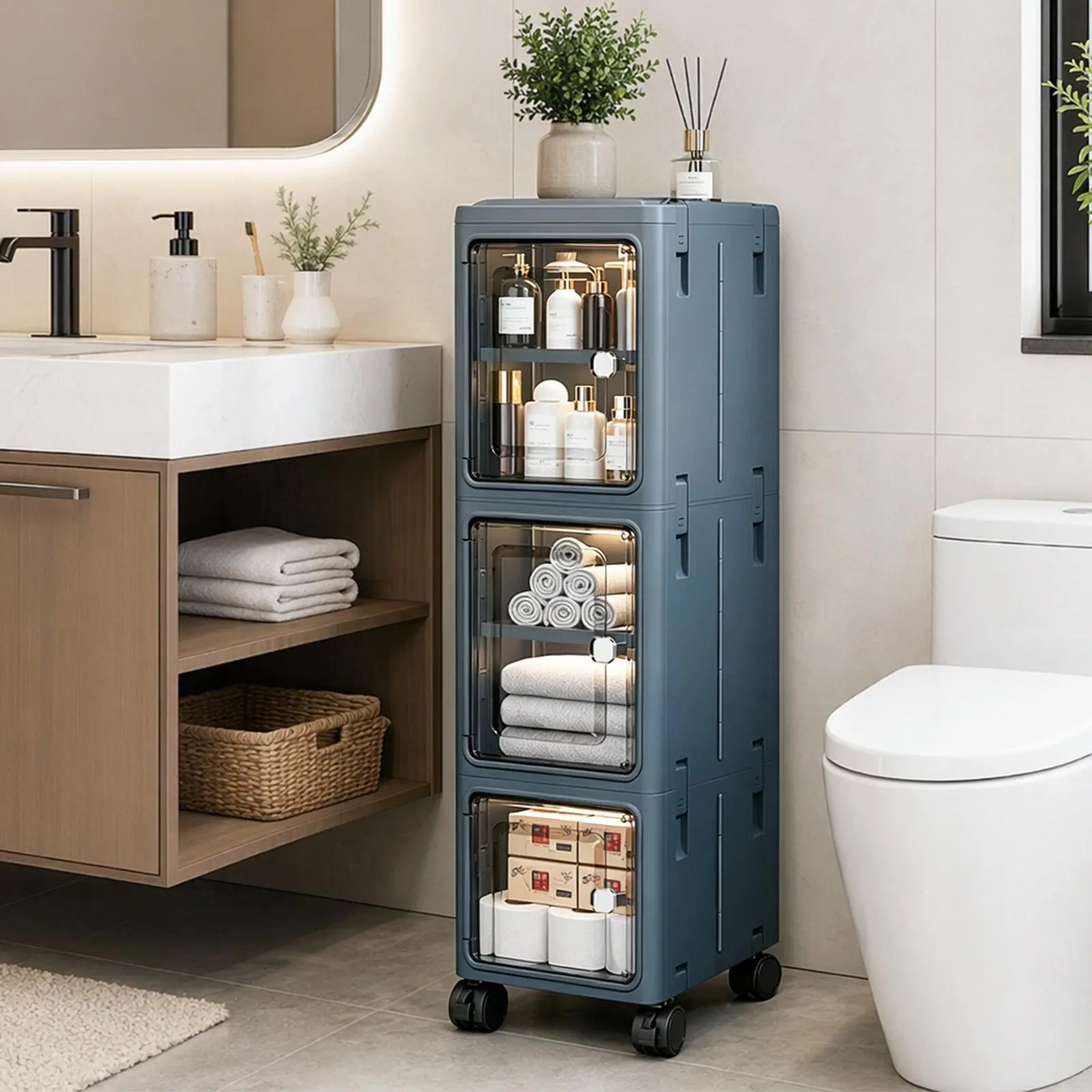 3-Tier Slim Plastic Storage Cabinet with Clear Doors & Adjustable Shelves, Foldable Narrow Organizer for Bathroom, Kitchen & Small Spaces