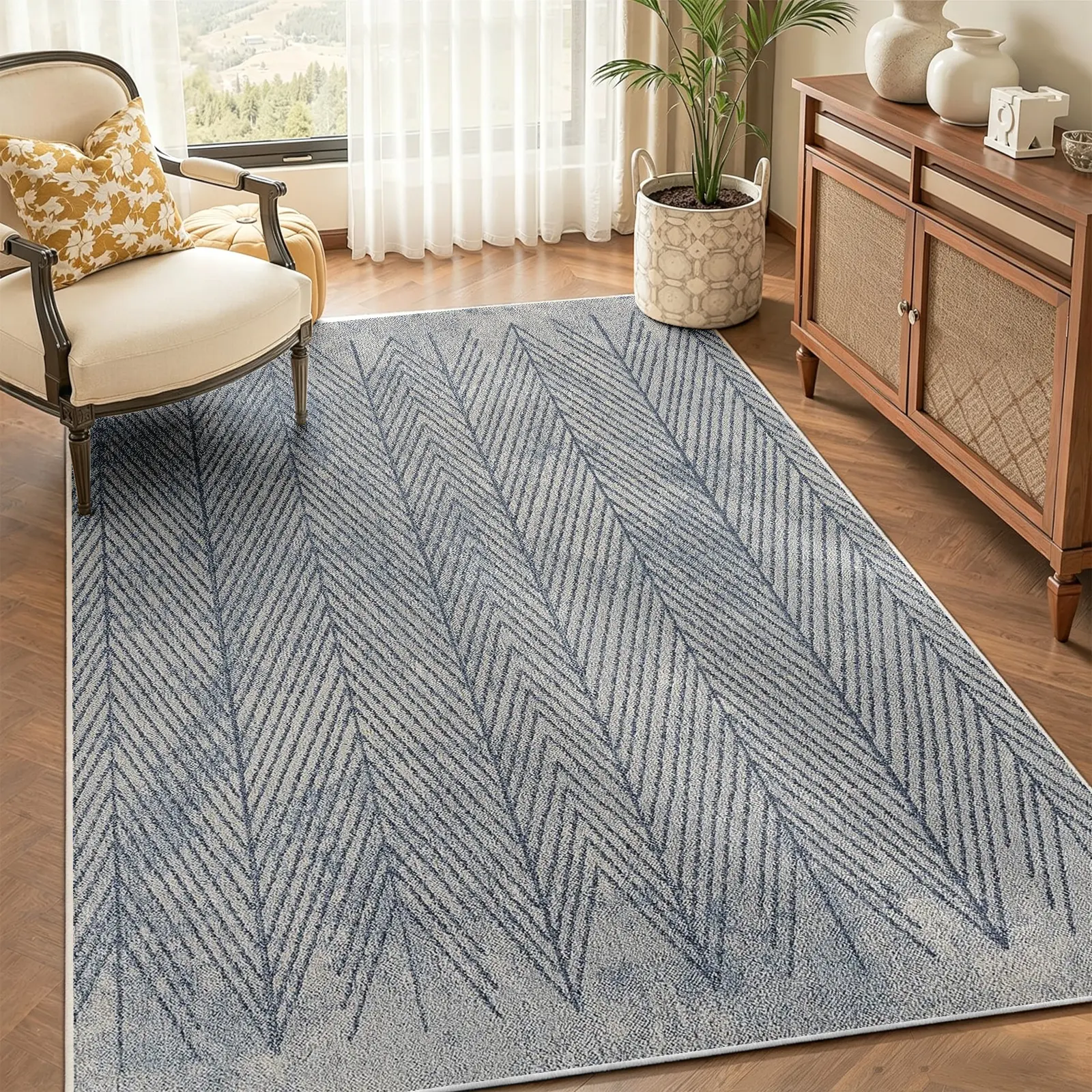 8x10 Blue Chevron Area Rug, Geometric Herringbone Stripe Pattern, Non Slip Backing Machine Washable Soft Surface, Durable Edge Living Room & Bedroom Deocr, Rugs For Living Room, Office, Dining Room, Aesthetic Room Decor, Alfombras Para Sala