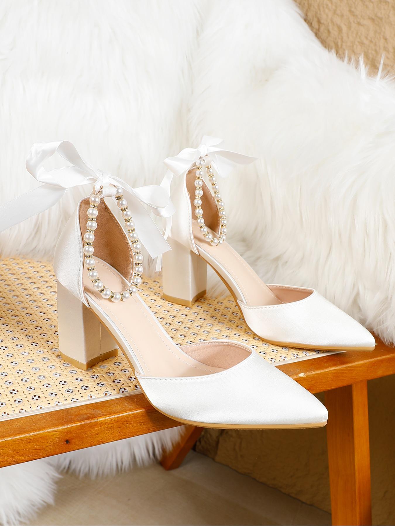 Women's Elegant Pearl & Bowknot Decorated High Heel Shoes, Trendy Pointed Toe Heels, Fashionable Heels for Party & Daily Wear, Classy, Rubber