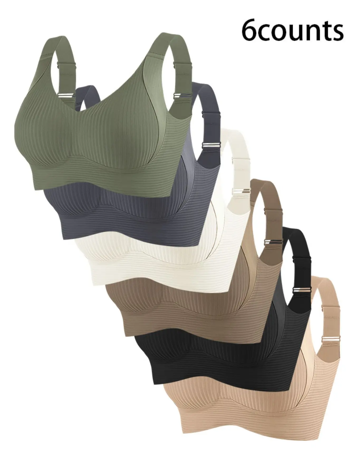 Women's Seamless Smooth Wireless Bra Set, Adjustable Wide Straps, Comfortable Breathable, 6 Pack, Rib Knit Design, Casual, All Seasons