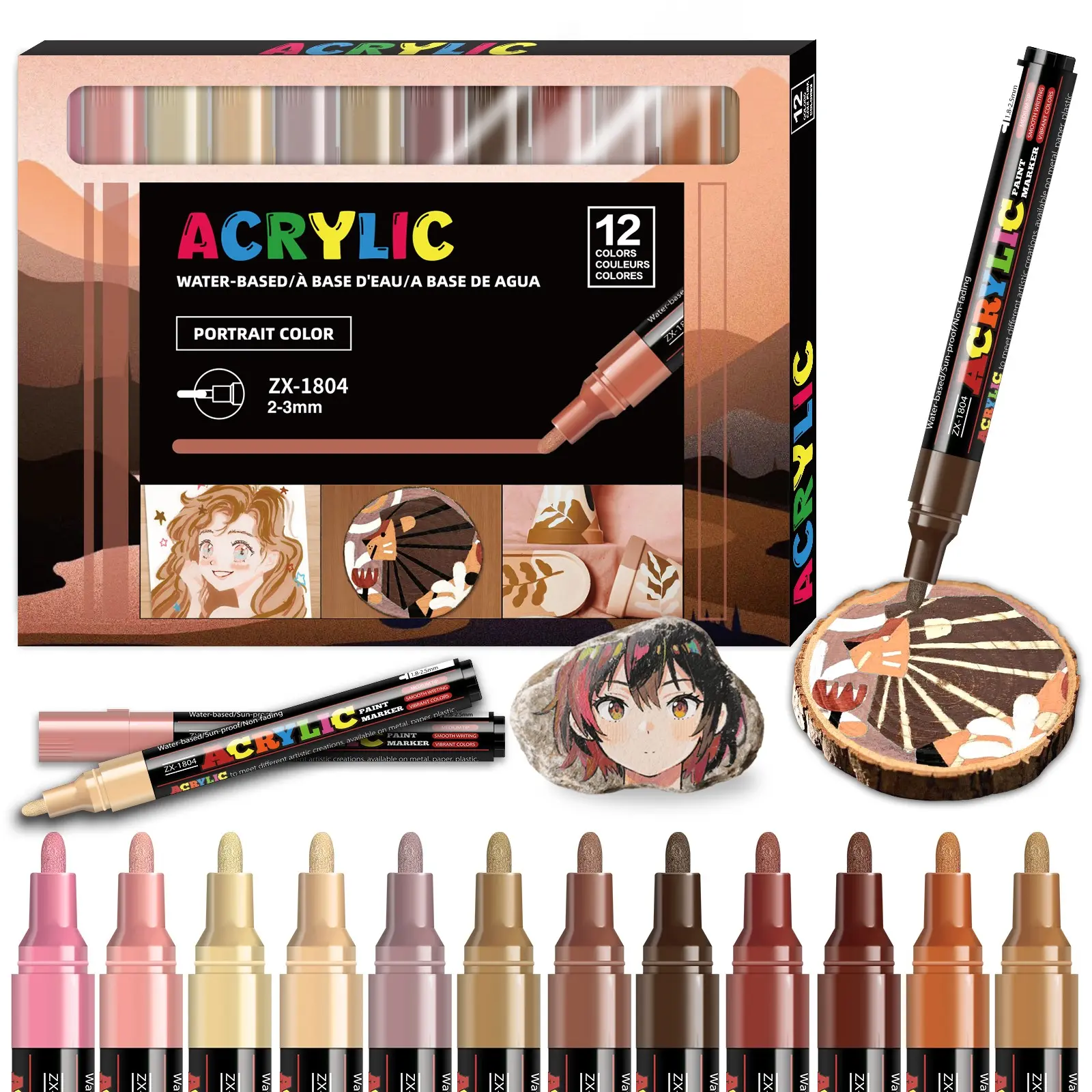 12 Color Vibrant Marker Pen Set, Non-Bleed Quick-Dry Pens, Medium Tip (2-3mm), Ideal for Rock Painting, Paper, Skateboard Decor, Wood, Plastic, Canvas, Art Marker Set