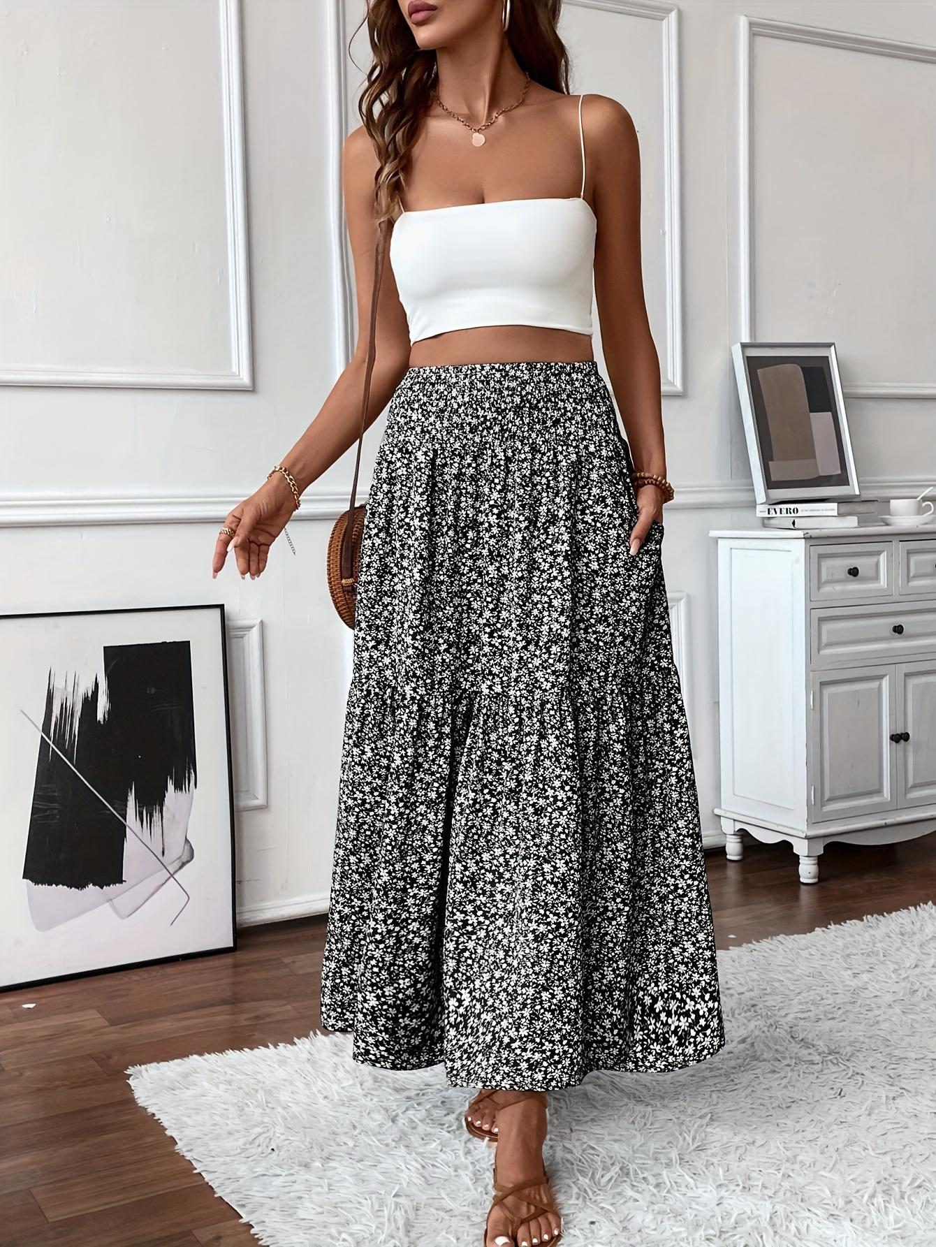 DP 021742   Women's Elastic Waist Skirt - Casual Ditsy Floral, Pocket Detail