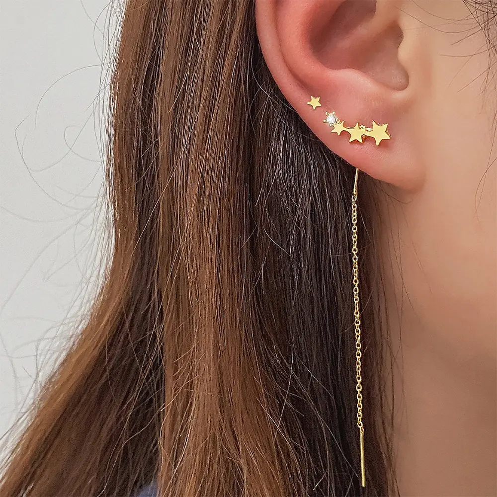 Celestial Star Drop Earrings with Zircon Rhinestones, Gold-Tone Ear Climber Threader with Long Chain for Women's Piercing Jewelry