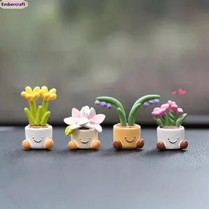4PCS Cute Car Dashboard Decor Set, Mini Potted Flower Ornaments for Car Interior, Aesthetic Dashboard Accessories, Small Plant Decorations for Auto, Office Desk, Vehicle Styling and Gift for Car Lovers