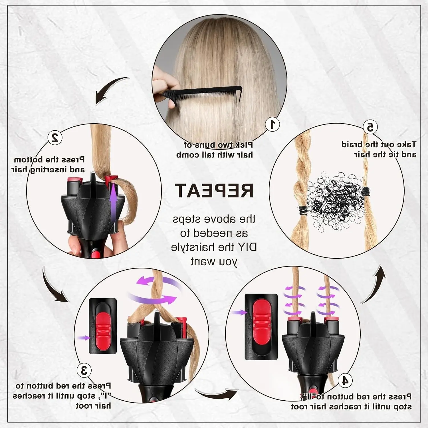 7-Piece Automatic Hair Twister Machine with Comb Clips, Black | Electronic Hair Braider for Two-Strand Twists, Instant Styling with Tail Comb and Alligator Clips, DIY Hairstyling KitGift