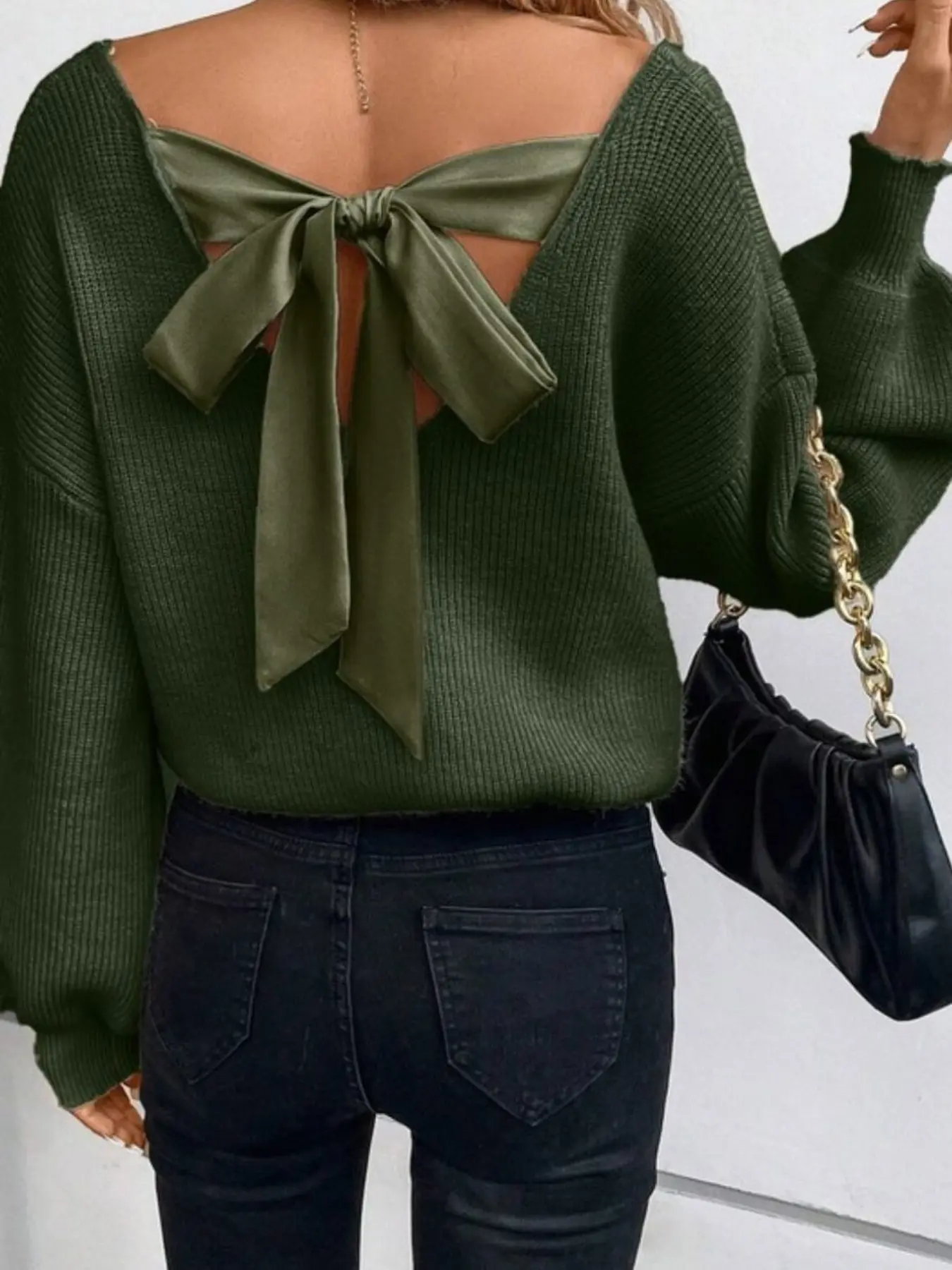 Women's Bow Decor Sweater, Casual Loose Long Sleeve V Neck Jumper for Fall & Winter, Fashion Ladies' Knitwear for Daily Wear, Feminine Tops