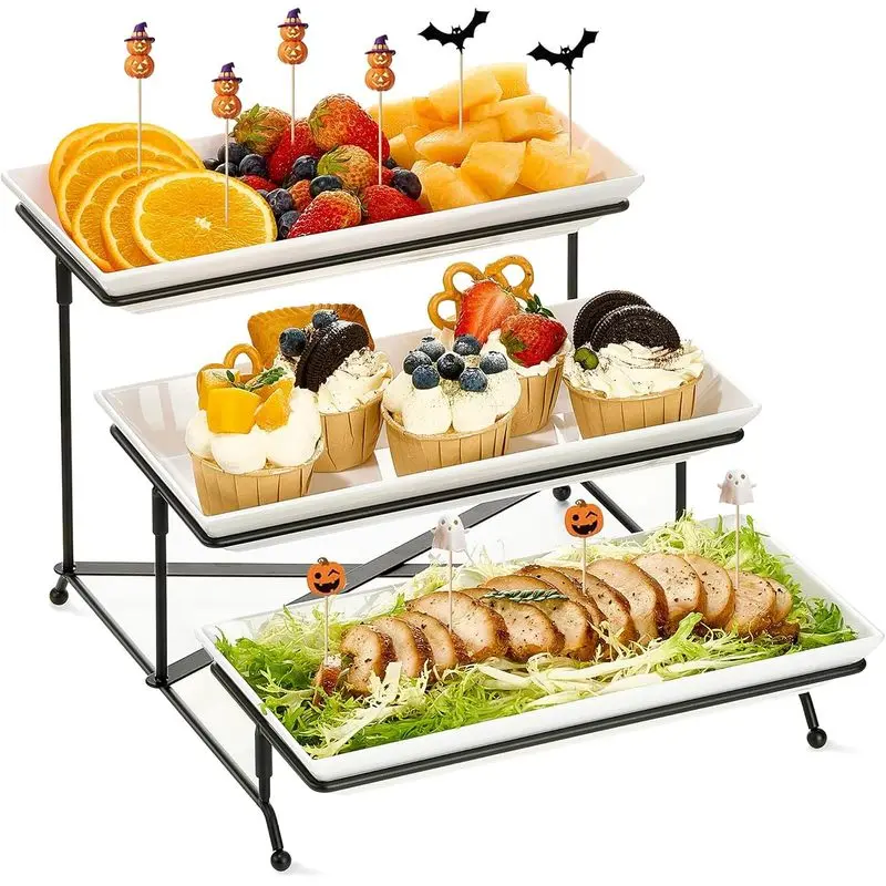 3 Tier Serving Tray Set 12 Inch White Melamine Tiered Serving Trays Platters, Stackable Sturdy Stand for Party Brunch Buffet Veggie Fruit Dessert