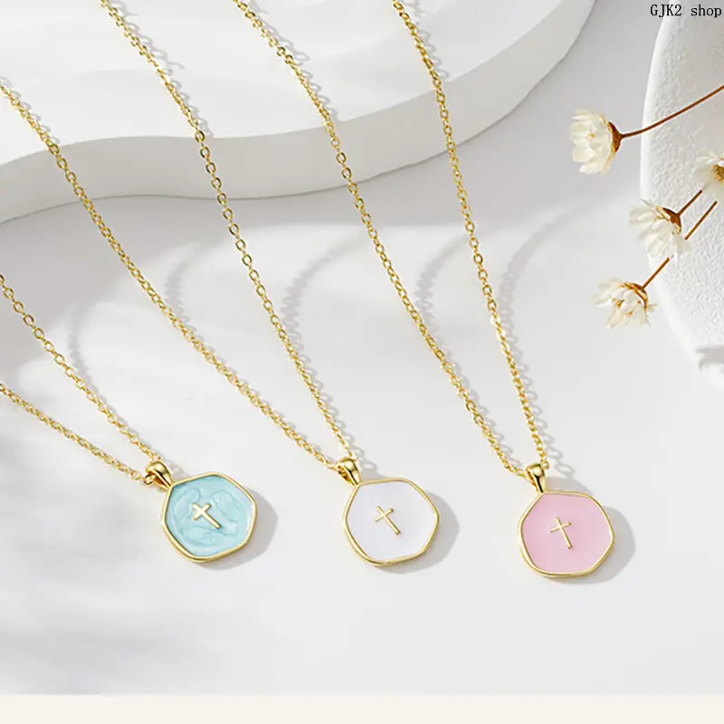Minimalist Cross Pendant Chain Jewelry Necklaces for Women, Gold Plated Dainty Enamel Faith Gift for Daily Layering, Layered Gold Chains