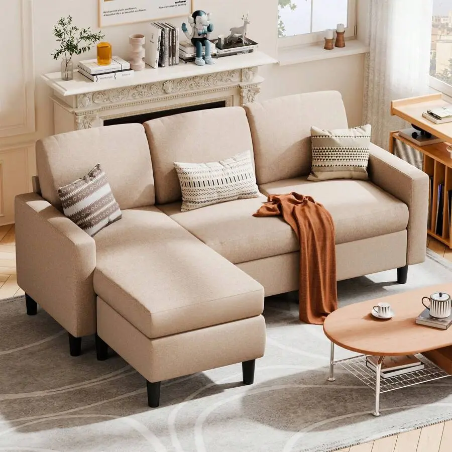 L-Shaped Couch Sofa Living Room Convertible Sectional Sofa With Reversible Chaise Modern Linen,Sectional Sofa Couch Small Space
