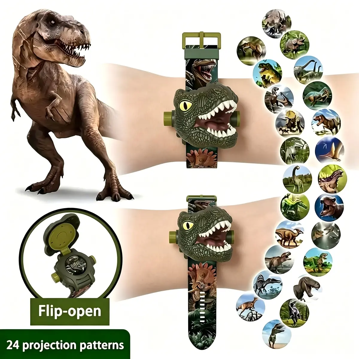 Cute Cartoon Dinosaur Toddler Learning Digital Watch Toy - 24 Projection Patterns, BPA-Free, Durable Materials, Silent Time-Telling Teaching, Comfort-Adjustable Soft Strap, Kindergarten Kids' Educational Gift