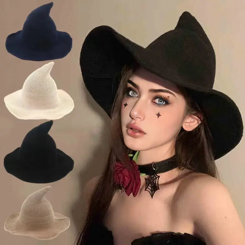 Women's Fall Winter Cotton Witch Hat, Foldable Pointed Wizard Cap, Soft Lightweight Magic Halloween Costume Hat, Versatile Accessory for Halloween Parties, Cosplay, Theme Dress Up, Carnival and Holiday Celebrations