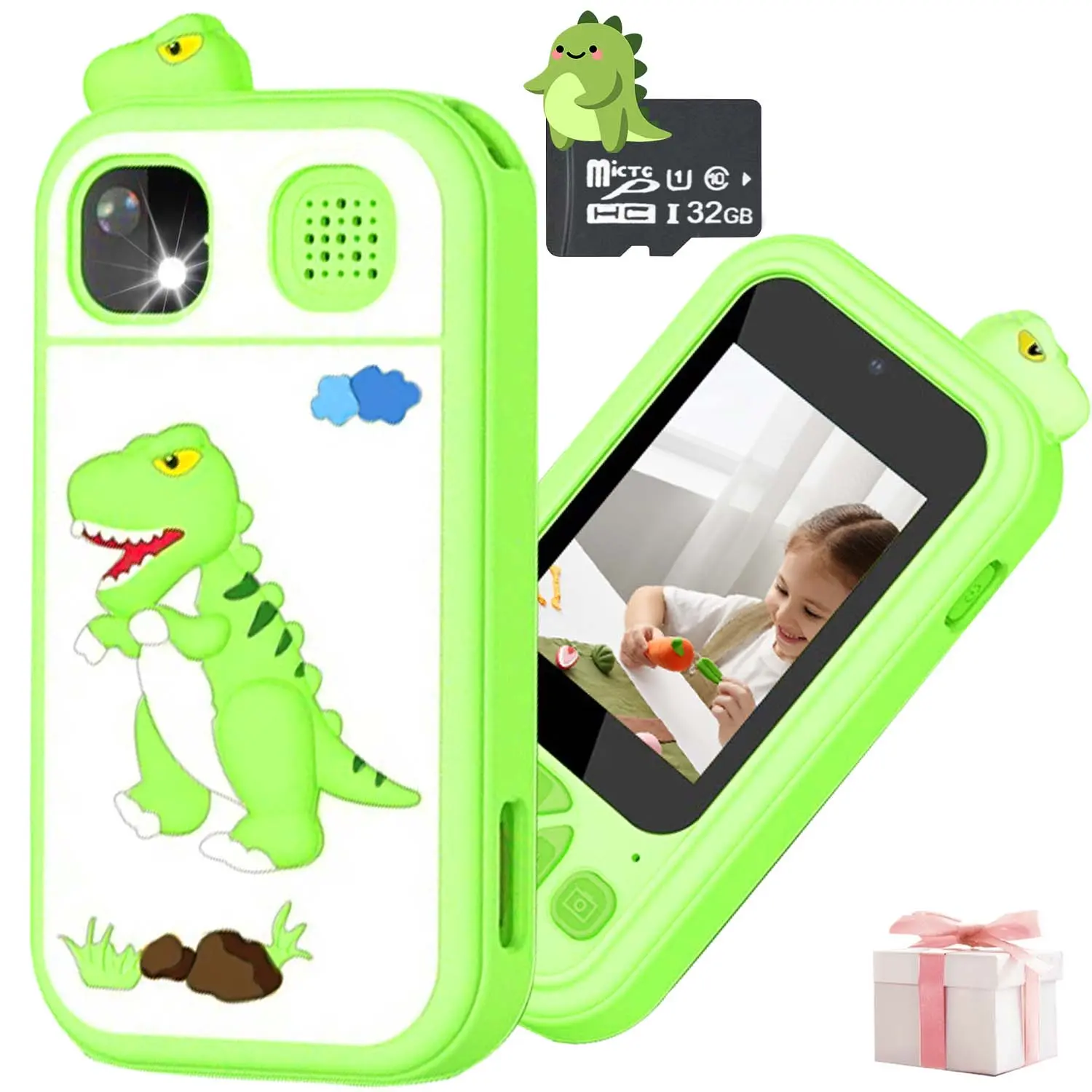 Kids Toy Phone with Dual Camera, 2.4 Inch Touch Screen Unicorn Dinosaur Silicone Protective Case, Multifunctional Educational Game Music Player, Portable Rechargeable Toddler Play Phone Gift for Boys Girls 3-10 Years Old