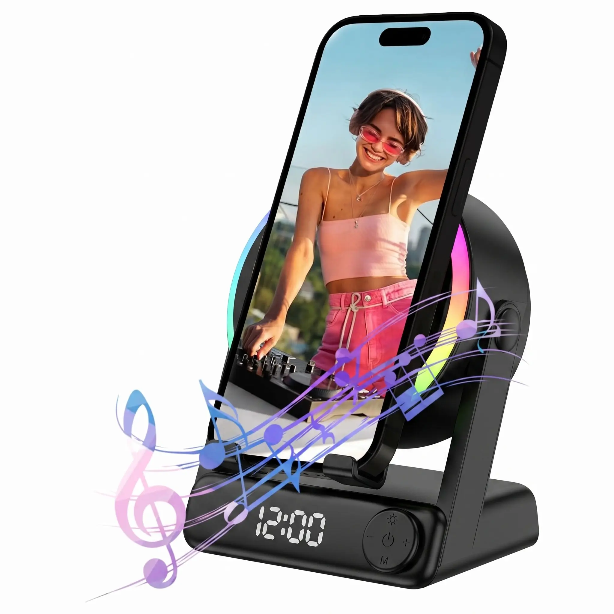 Mfhhfm 5-In-1 Wireless Bluetooth-compatible Speaker, Phone Stand, Dual Mode Audio Amplifier, Digital Alarm Clock, RGB LED Light, Adjustable Stand for iPhone & Android Tablets, Wireless Bt Speaker