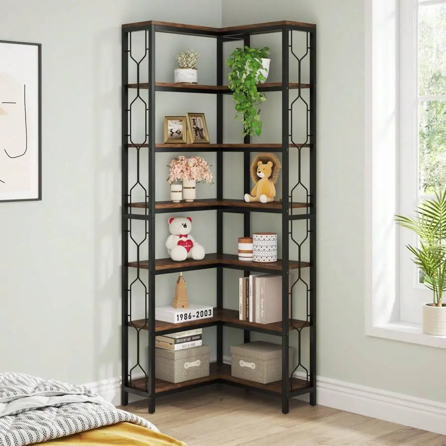 Corner Shelf, 7-Tier Industrial Corner Bookshelf, Wood And Metal Corner Etagere Bookcase, Freestanding Display Shelf Living Room,, Home Office, Rustic Brown