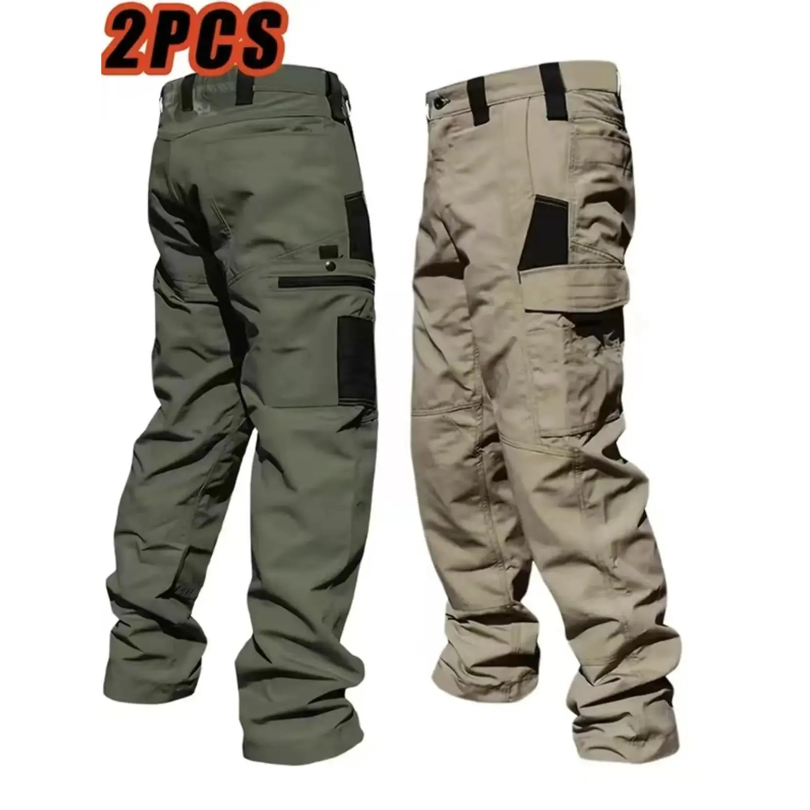 2pack-Men's durable outdoor training pants, men's multi-pocket work pants, men's solid color and printed pocket zipper waterproof tactical cargo pants without belt, regular fit sports pocket durable autumn pants. Casual Street Trousers