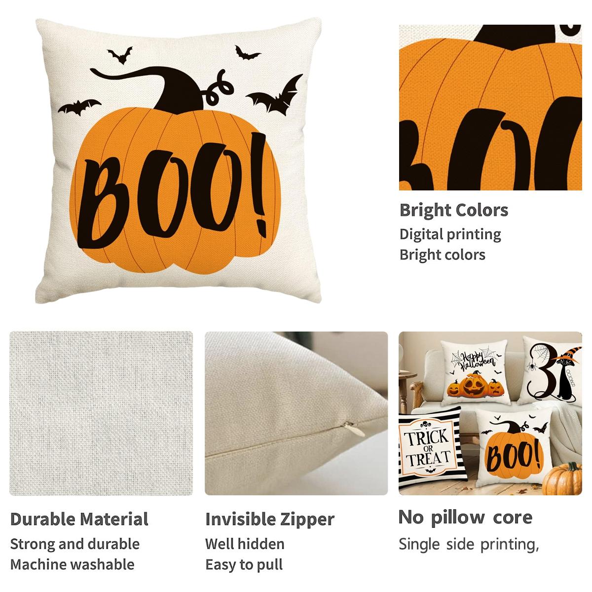 Halloween Themed Pillow Cover, 4 Counts/set Pumpkin & Cat & Skull Pattern Cushion Cover without Filler, Halloween Decoration, Decorative Pillow Cover for Home Sofa Bed