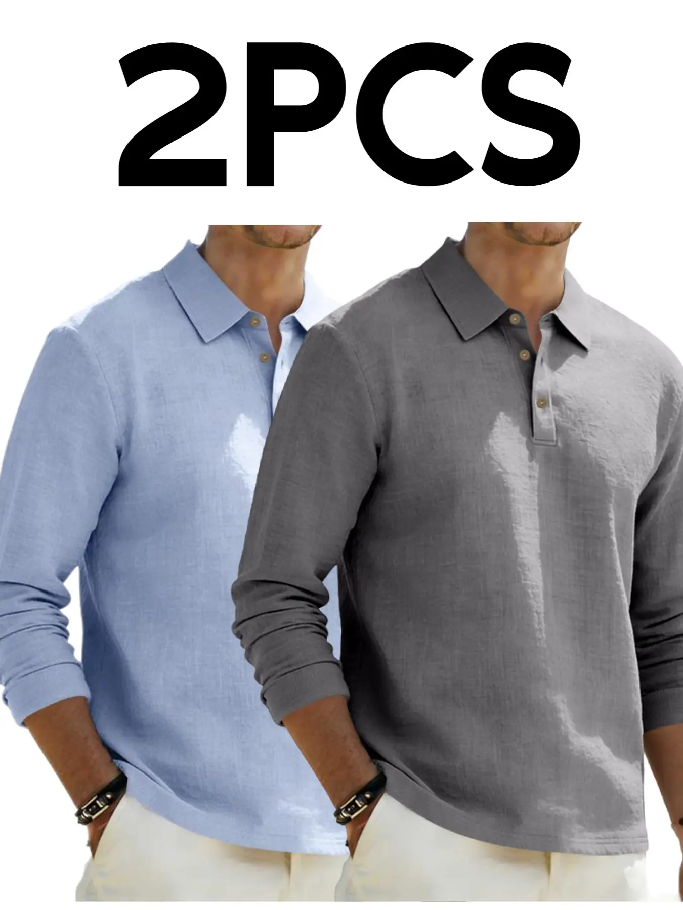 2-Pack Men's Linen Plain Polo Shirts Tops, Loose Fit Long Sleeve, Breathable Classic Business Casual, All-Season Wear, Ideal for Daily & Light Business Use, Menswear, Summer Polos