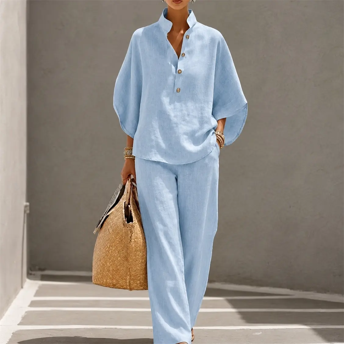 Women’s Linen Blend Two Piece Set, Relaxed Button Front Top & Wide Leg Pants, Loose Fit Casual Matching Outfit, Lightweight Vacation Set for Spring Summer Fall
