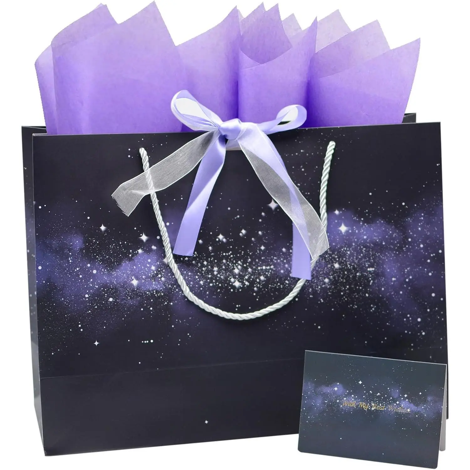 13.8" Large  and Black  Bag Set with Greeting Card and 2 Tissue Paper Present Bags for Christmas Women's Birthday, Mother's Day, Wedding (Black B)