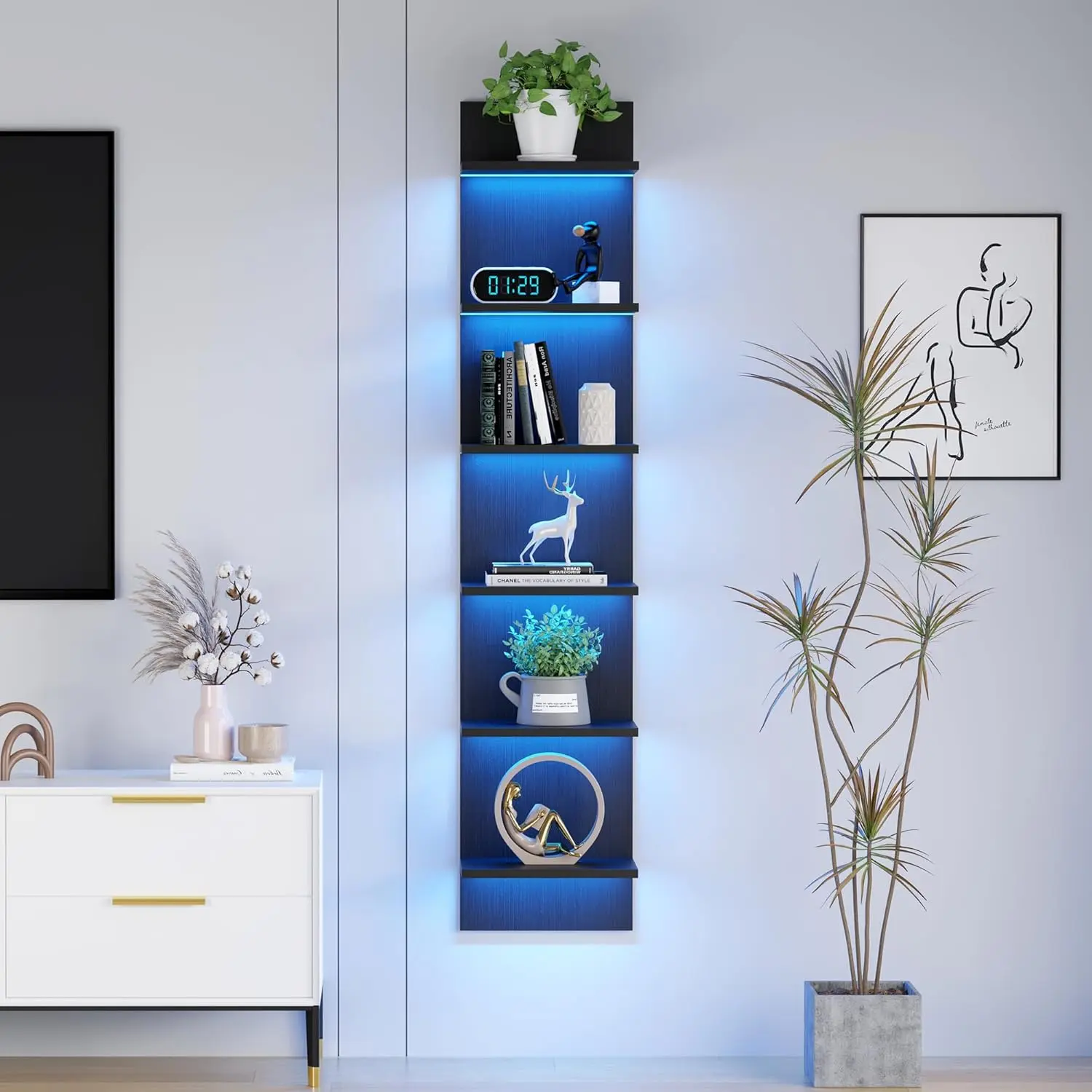 Black 6-Tier Floating Wall Shelves, 57 in Storage Display Shelf with RGB LED Remote (22 Modes, 6 Brightness Levels), Waterproof Particleboard, Home Decor Room Decor for Bedroom