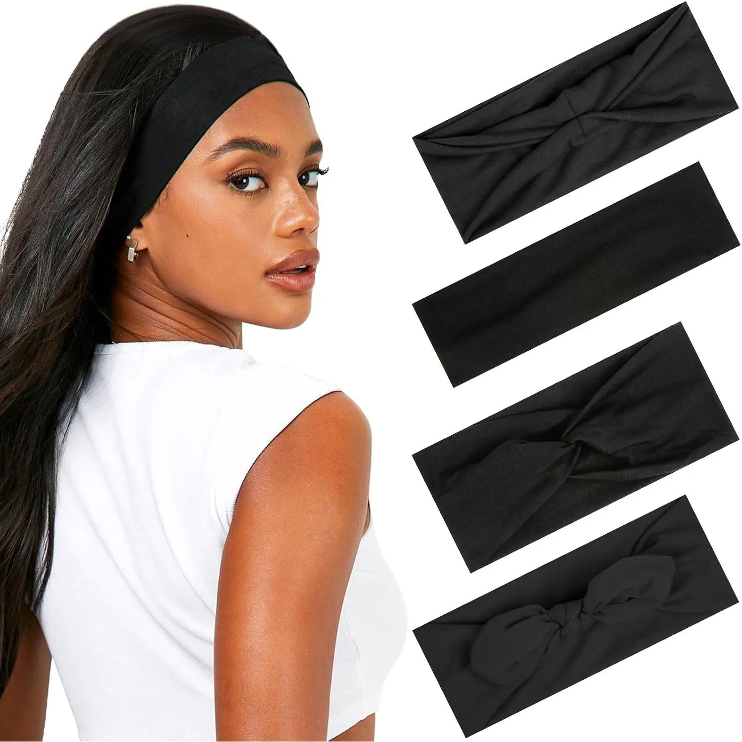 Headbands for Women Non Slip, 4 Packs Elastic  Bands for Women’s Hair,  Set Multi Styles - Fashion Hairband Hair Accessories, Soft Cloth Fabric Workout Gym Yoga  Bands
