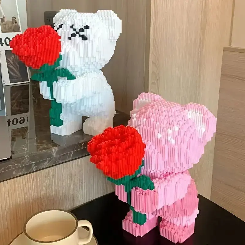 2 Set Pink and White Heart Bear Blocks, Handmade DIY 3D Building Block Puzzle Kit, Perfect for Bedroom/ Living Room Decor, Party Decoration, Christmas Gift