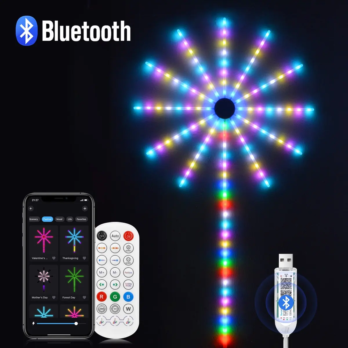 Smart RGBIC Firework LED String Lights Double Sided Emitting USB 5V Waterproof Running Water Wall Lamp, APP & Remote Control Indoor Outdoor Decor Lighting For Garden Wedding Camping Christmas Holiday