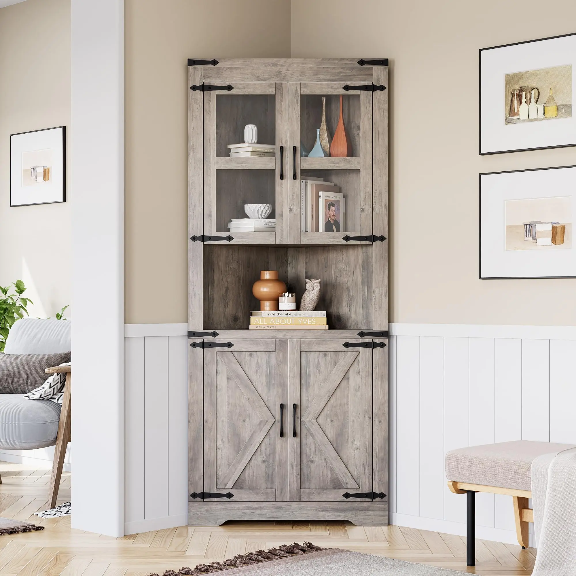 69" Tall Farmhouse Corner Storage Cabinet with Glass Door, Space-Saving White Pantry for Kitchen, Bathroom & Living Room, Adjustable Shelves