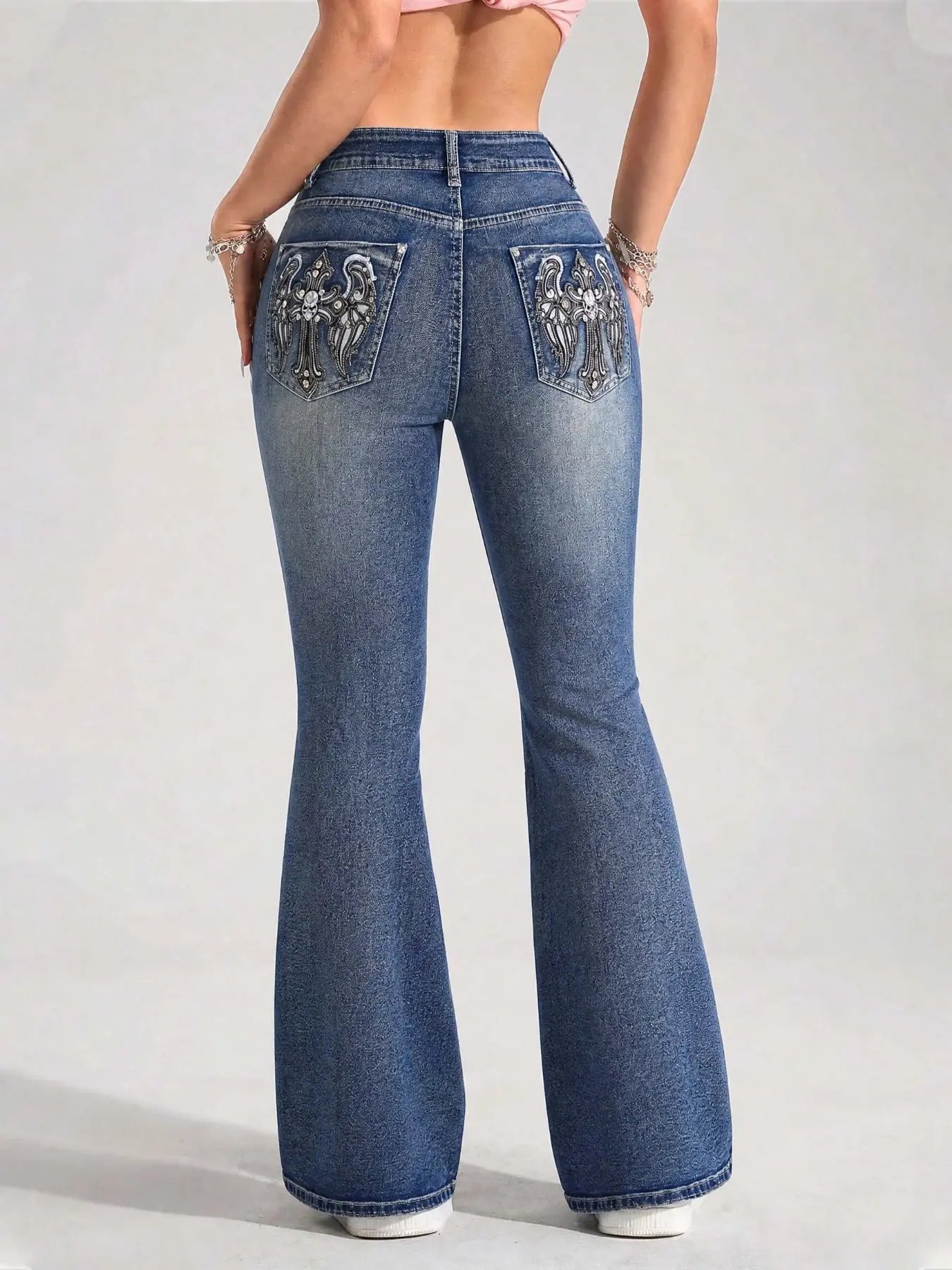 Y2K Style Rhinestone Embroidered Flare Pants, Medium Blue Distressed Low Waist High Stretch Butt Lifter Leg Lengthening Jeans