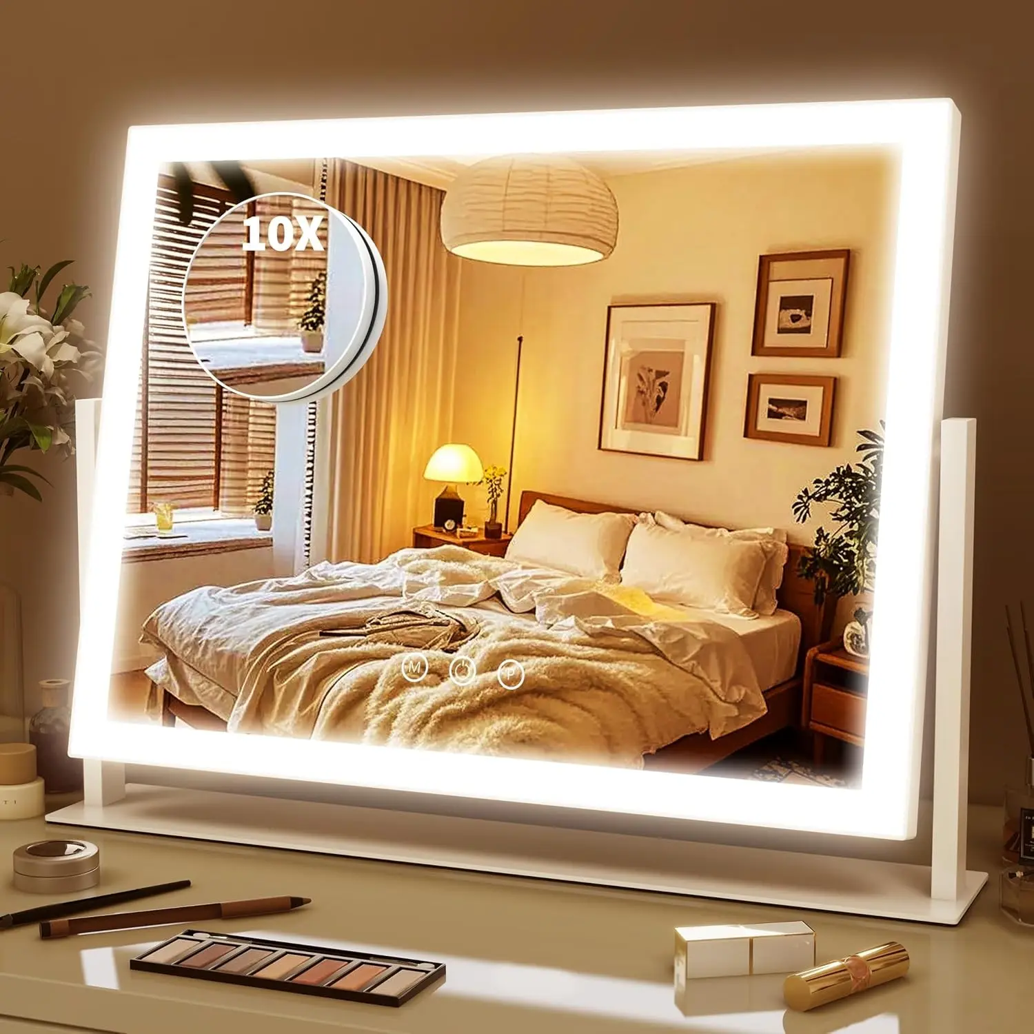 Lighted Makeup Mirror 16.3"x12.6", Hollywood Vanity Mirror with 10X Magnifier, 3 Color LED Lighting Modes, Smart Touch Control & 360° Rotation, Tabletop Makeup Mirror (White, Gift Ready)