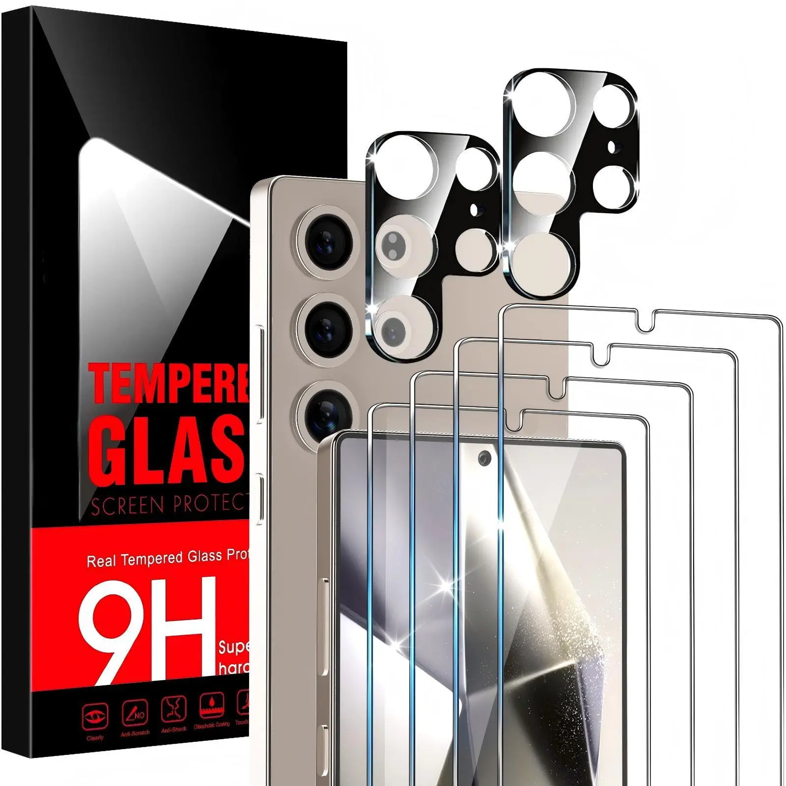 4+2 All-Round Tempered Glass Film Set Compatible with Samsung Galaxy S24 Ultra, 9H Scratch Resistant Anti-Fingerprint Transparent Screen & Lens Protectors