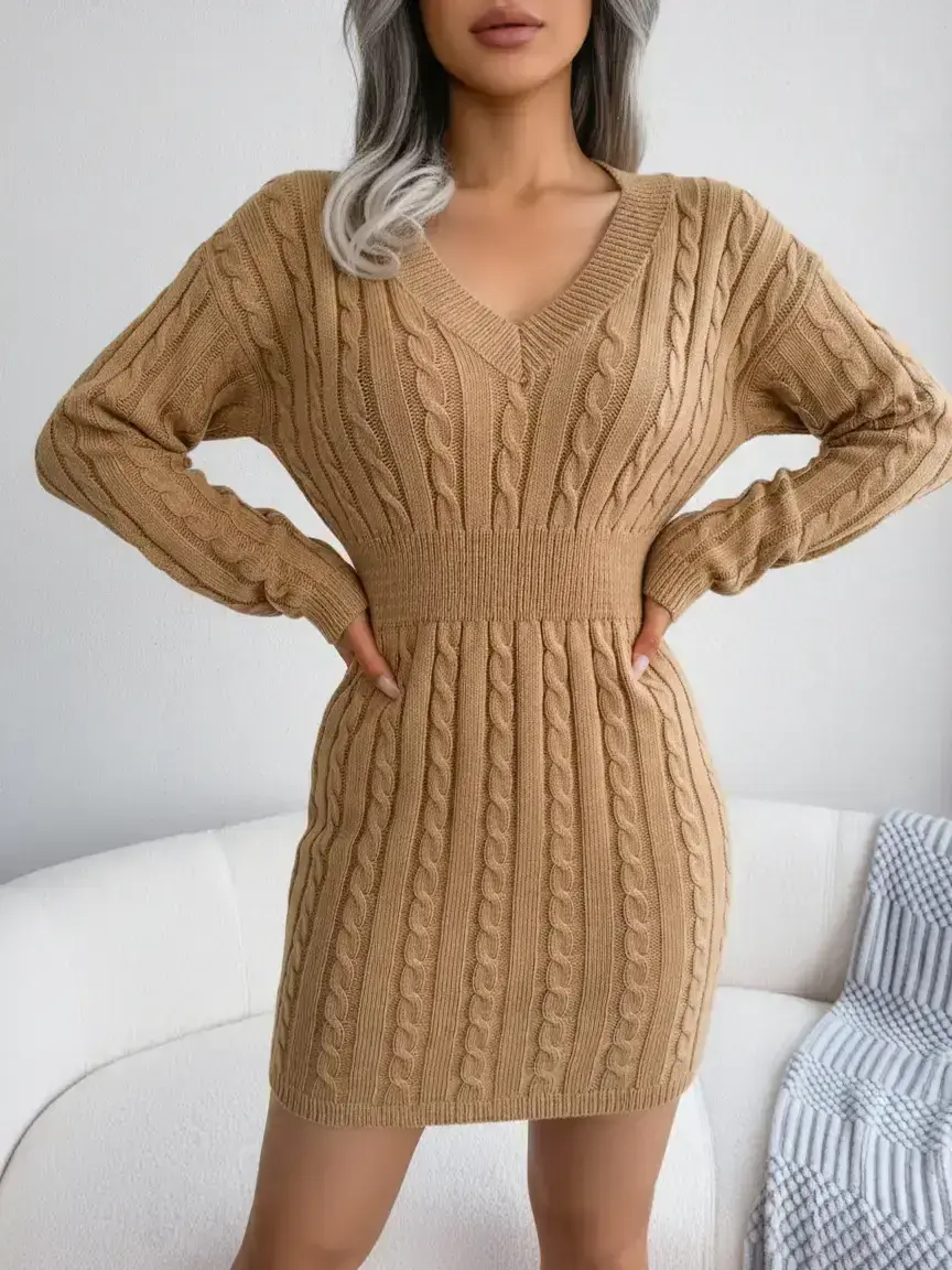 Women's Cable Knit Fitted Sweater Dress With V Neck, Long Sleeve Casual Drop Shoulder Style for Fall & Winter Fashion