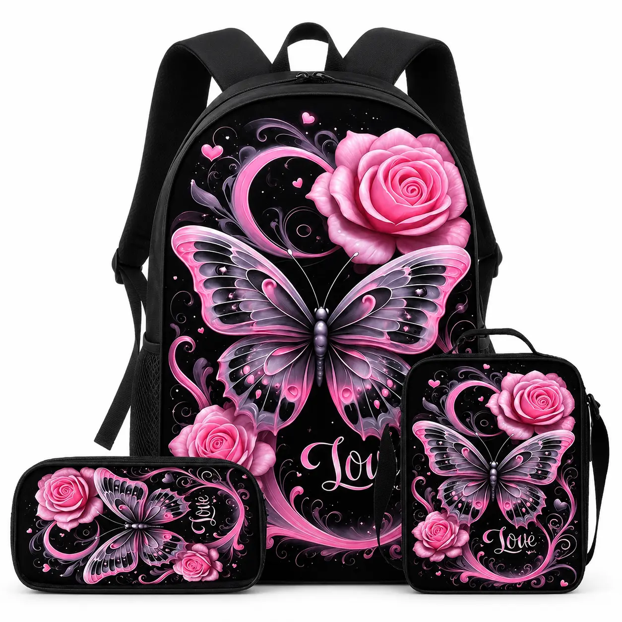 Girls' 3PCS Lightweight Backpack Set - Pink Butterfly Rose Graphic Bag with Lunch Bag, Pencil Case, Black Floral Love Design, Adjustable Shoulder Straps, Large Capacity for School Day, Back to School Gift