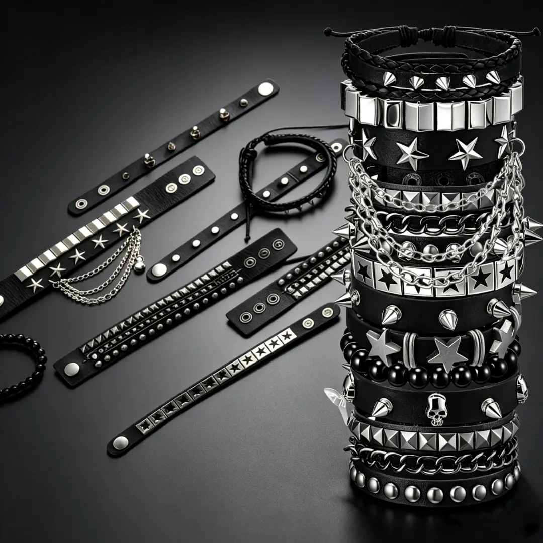 9-Piece Spiked Bracelets Set, Punk Gothic Artificial Leather Wrist Cuffs, Unisex Rock Theme Accessories for Concerts & Halloween, Spiked Look, Jewelry