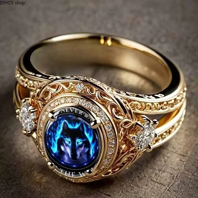 Vintage Wolf Flame Ring Gold Plated Alloy Band With Blue Wolf Pattern Zircon Detail Retro Statement Jewelry For Men And Women Daily Wear Fashion Accessory Gift Elegant Design