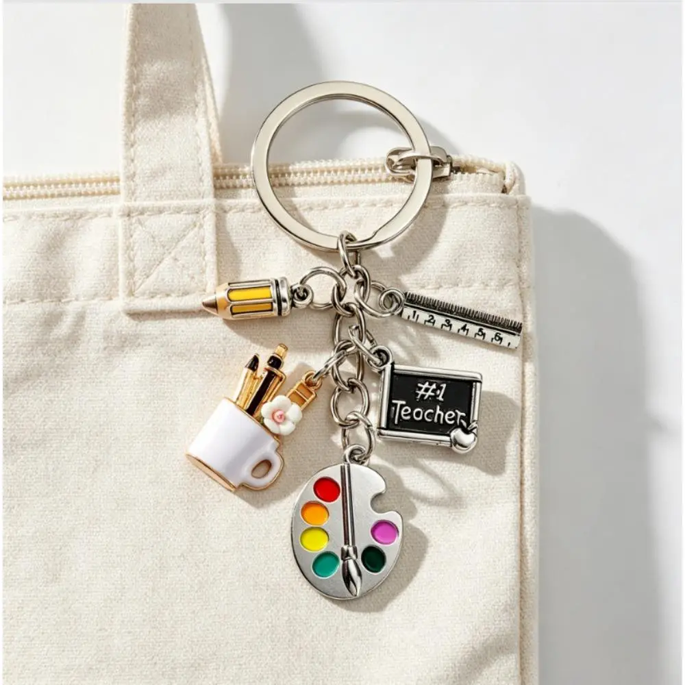 Teacher Art Keychain for Work Tote, Tiny Charm Set with Paint Palette, Pencil, Ruler, Mug - Teacher Gifts, Daily Reminder Bag Accessory, Useful Clips, Classroom Keys, Tote Accessory, Gift Ideas, Cute Charms, Teacher Motifs