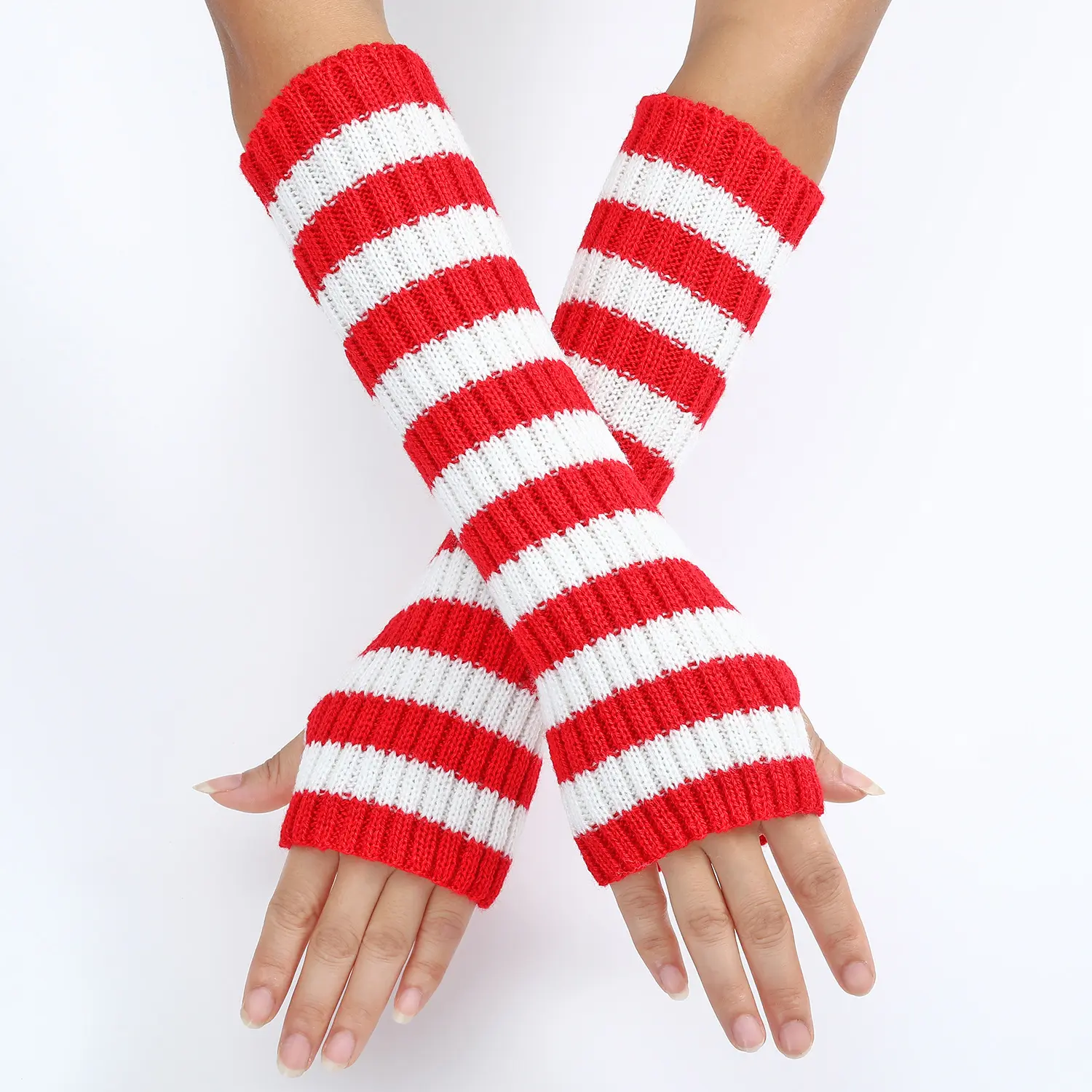 Striped Fingerless Gloves for Women, Gothic Long Arm Warmers Knit Sleeve Mitten, Emo Alt Y2K Punk Elbow Length Wrist Warmer, Warm Stretchy Costume Accessories for Halloween Cosplay Autumn Winter Decor