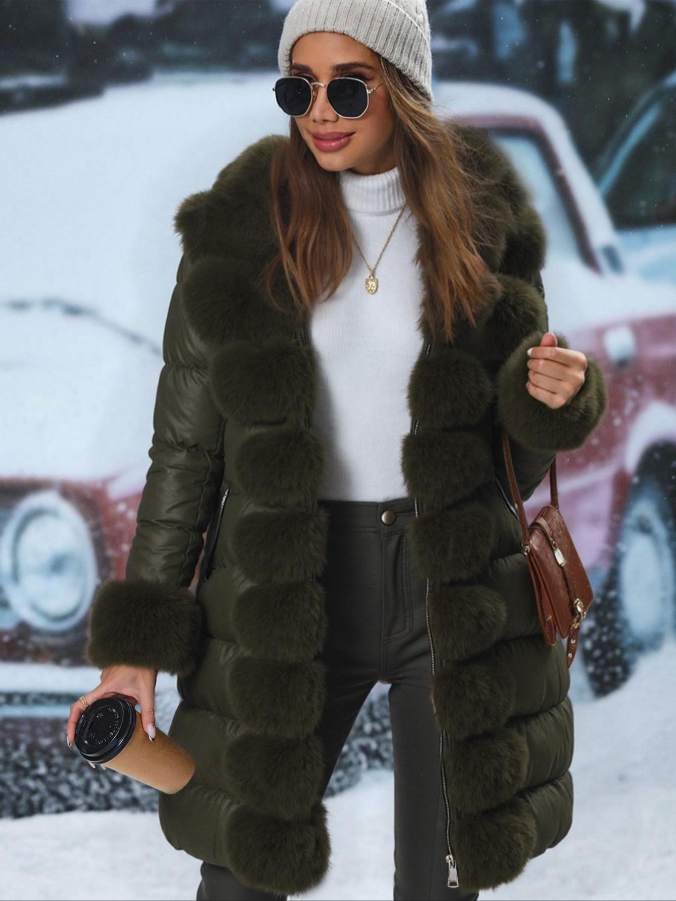 Women's Elegant Chic puffer Coat with Fleece Trim, Faux Fur & Belt, Mid-Length Fall Winter Hooded Fitted Jacket, Warm Daily Wear Outerwear
