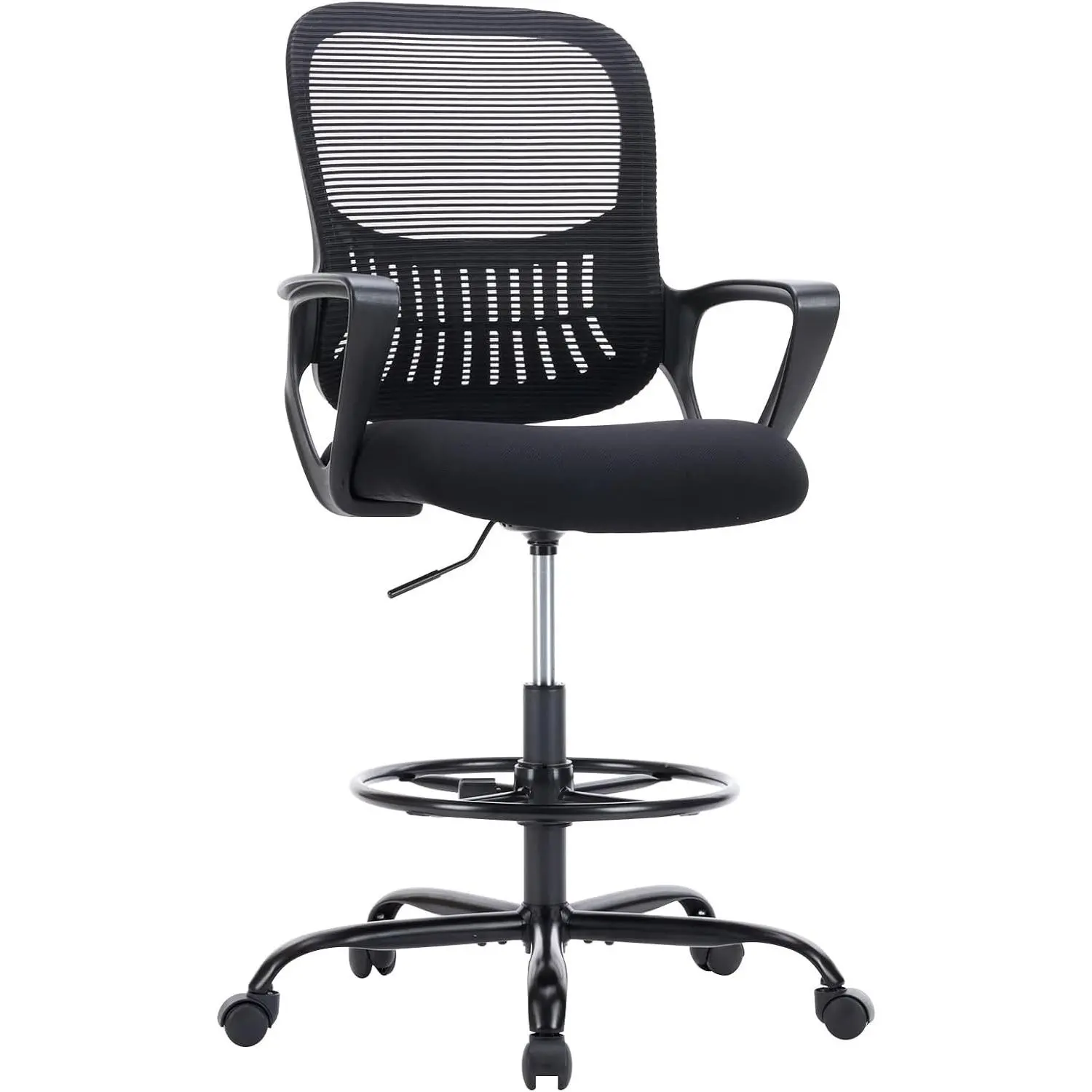 Drafting Chair - Counter Height Adjustable Tall Office Desk Chair with Fixed Armrests and Comfortable Lumbar Support for Standing Desk, for Bedroom Livingroom, Black