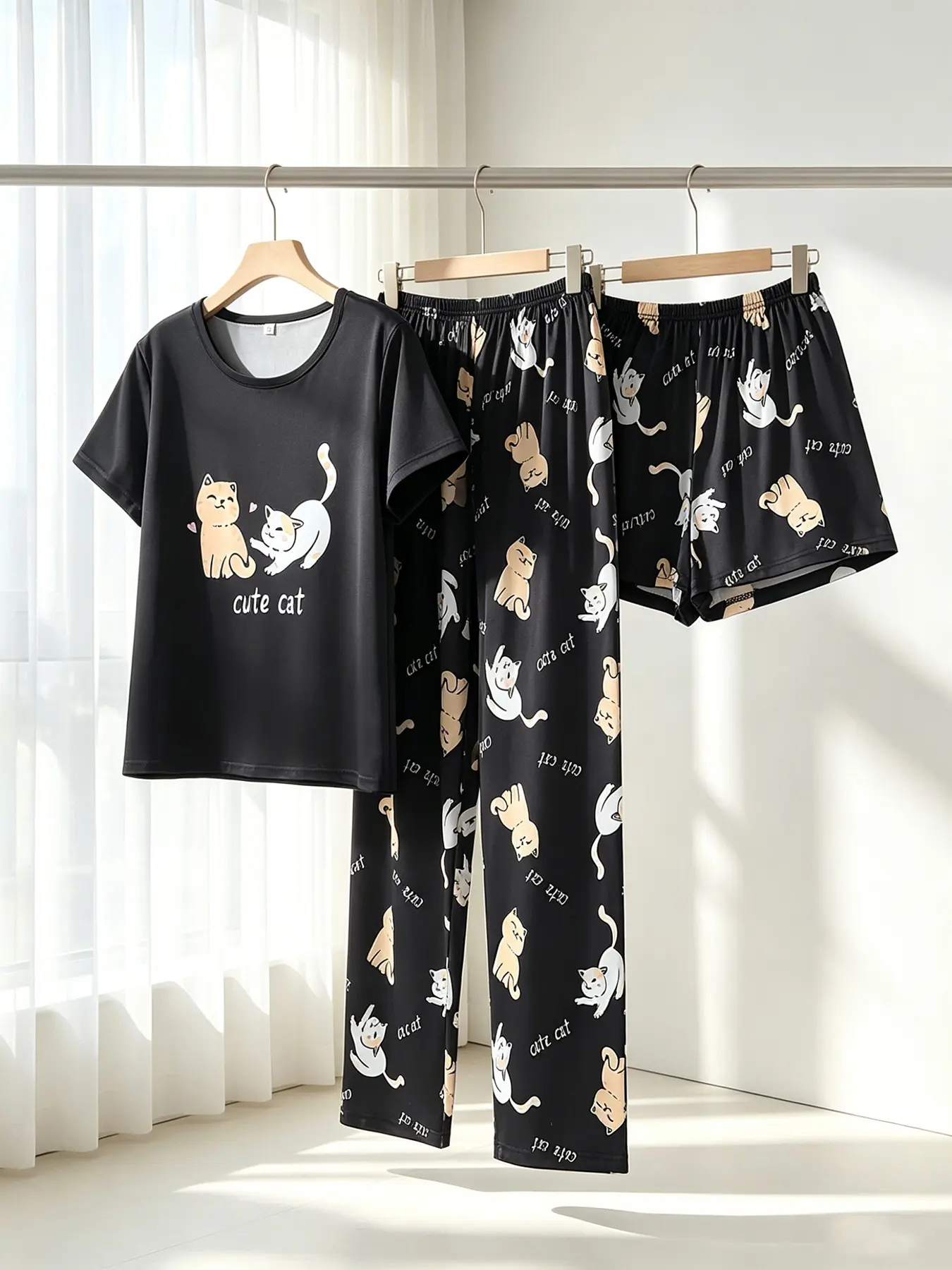 Women's 3-Piece Crew Neck Pajama Set, Short Sleeve Top Shorts & Long Pants, Black Cartoon Kitten Print, All Season Wear, Loose Fit, Cute Aesthetic Casual Loungewear, Pajama Outfit
