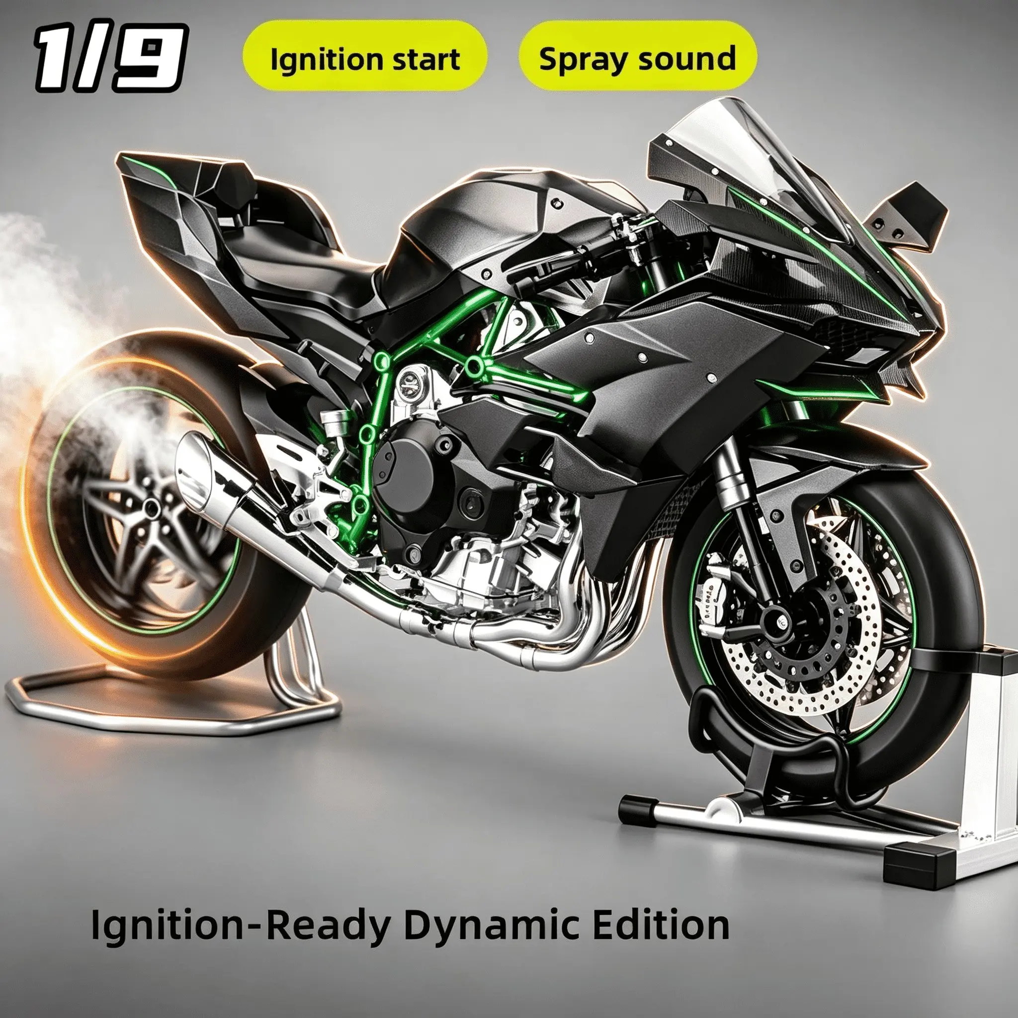 Dynamic Alloy Motorcycle Model, Dual Exhaust Smoke Spray, Key Start, Lights, Shock Absorption, Steering, Rear Wheel Stand, Collectible Toy Car