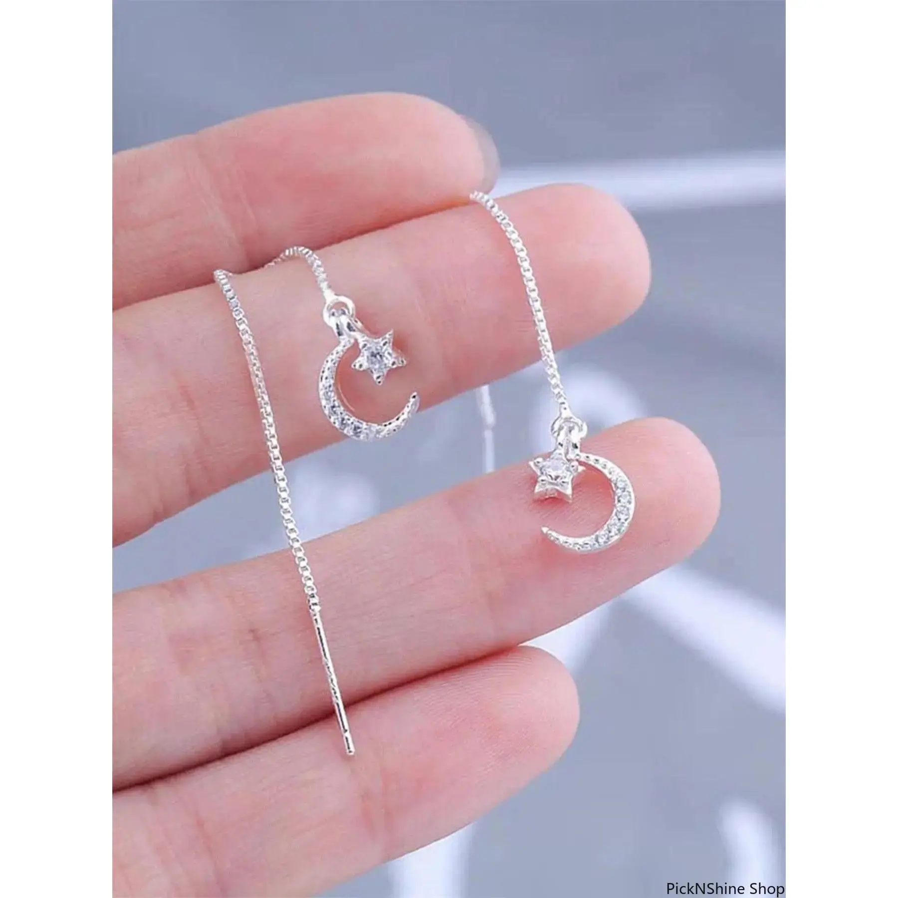 Korean Style Star and Moon Threader Earrings for Women, Minimalist Long Chain Dangle Jewelry with Rhinestone Accents, Earrings Jewelry, Pierced Moon Earring
