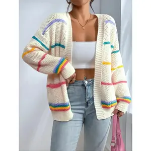 Women's Striped Print Open Front Cardigan, Casual Drop Shoulder Long Sleeve Pocket Cardigan for Fall & Winter, Ladies' Knit Clothing for Daily Wear