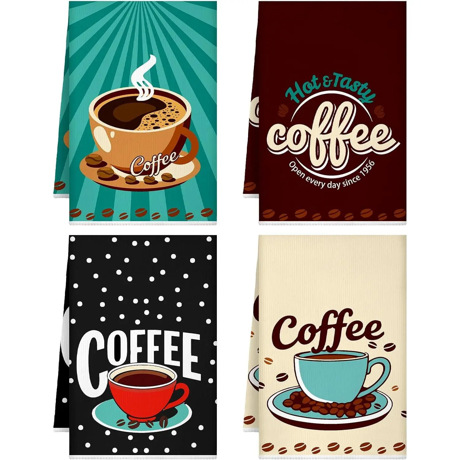 Bencailor 4 Pcs Coffe Kitchen Towels, Retro Coffee Cup Hand Tea Towels Gift| Fast Drying Dishcloth Housewarming Gift for Cooking Kitchen Bathroom Home Party Coffee Bar Decor